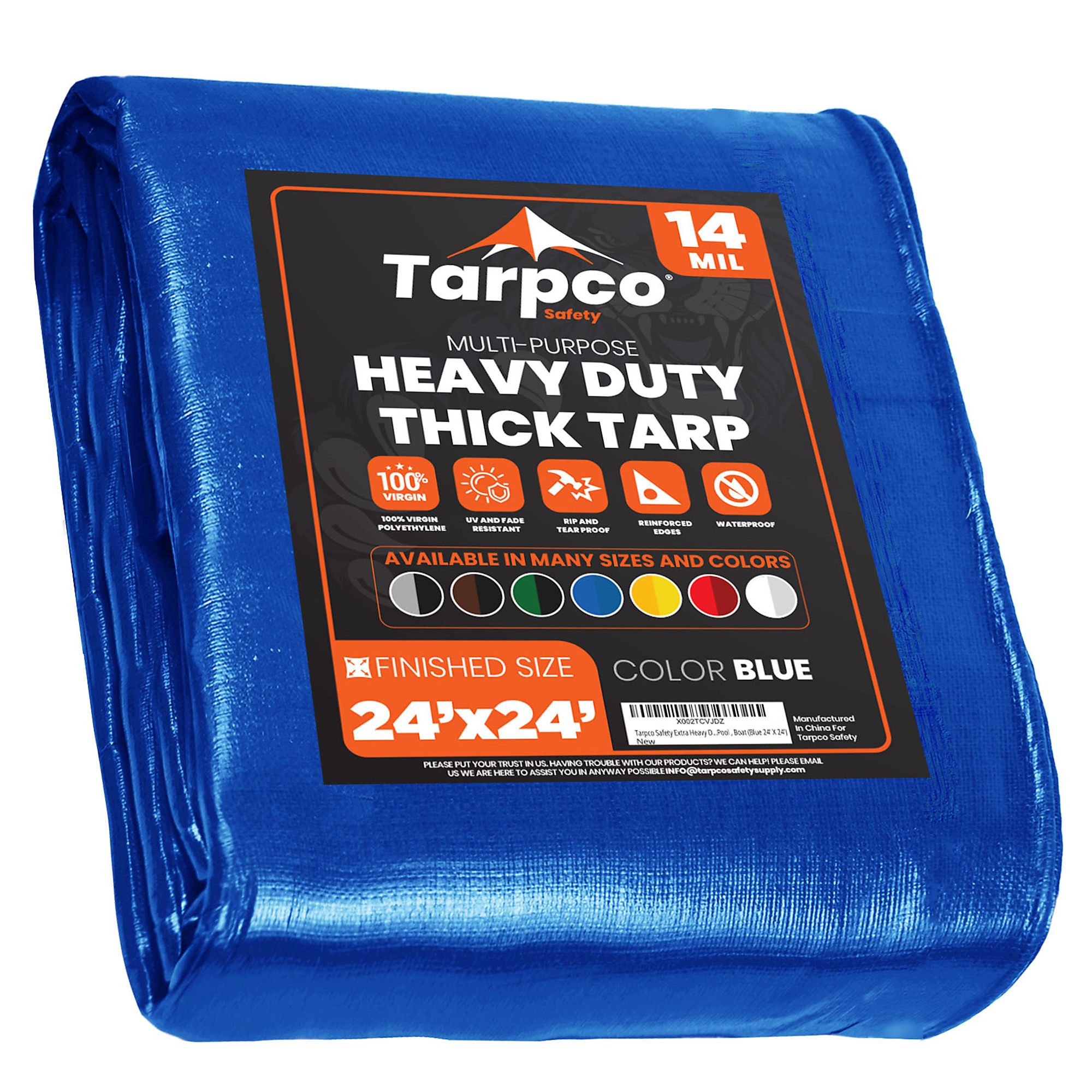Tarpco Safety Extra Heavy Duty Tarp Cover — 24ft. x 24ft., 14 Mil, Waterproof, UV Resistant, Rip and Tear Proof, Reinforced Edges, Blue, Model# TS-105-24X24